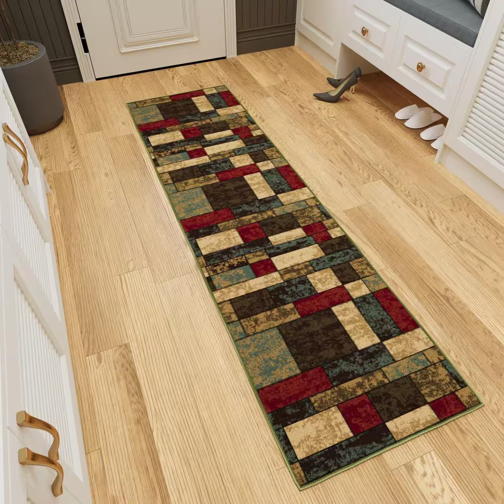 Ottohome Collection Non-Slip Rubberback Boxes Design 2 X 6 Indoor Runner Rug, 1 Ft. 10 In. X 6 Ft., Multicolor