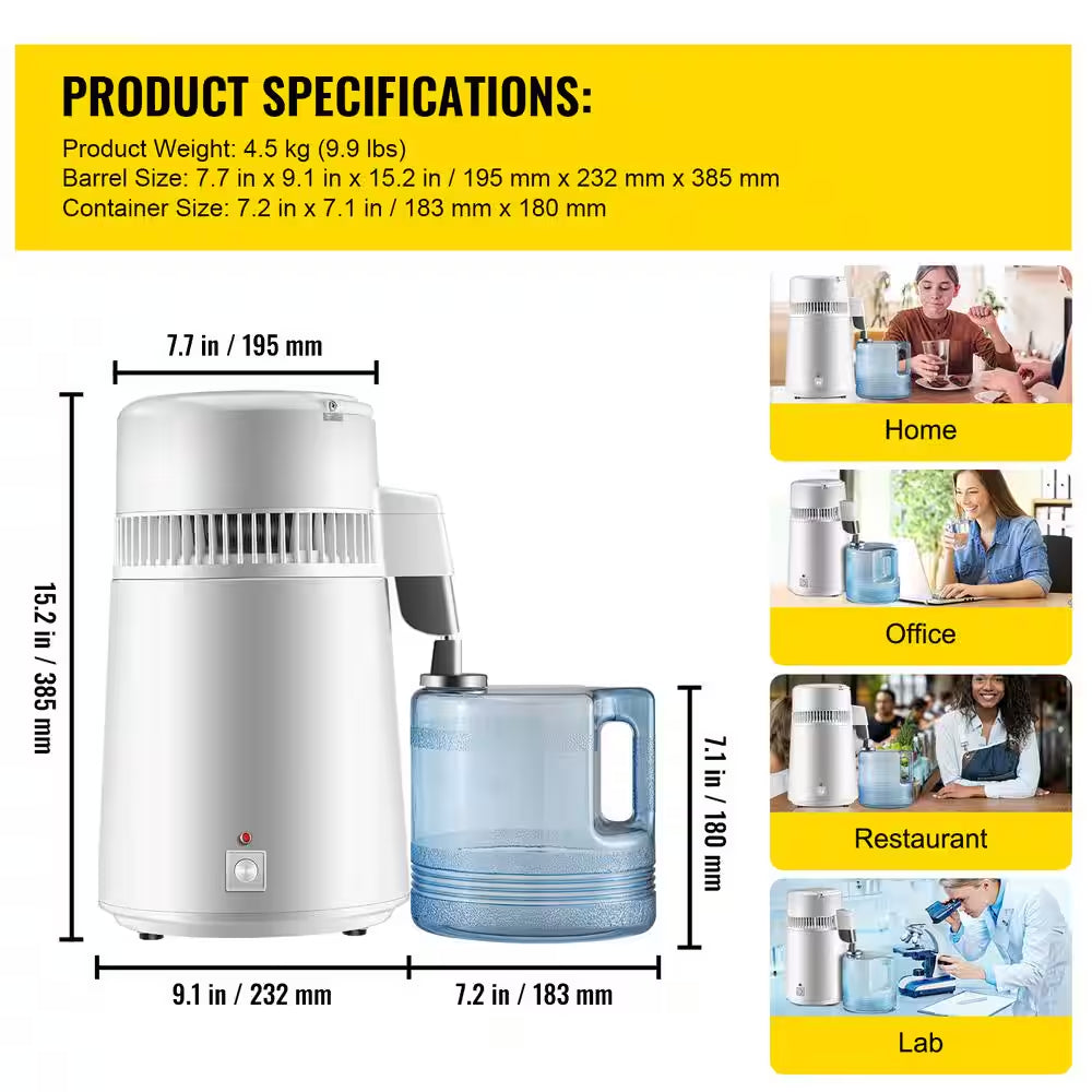 Pure Water Distiller 750W Fully Upgraded with Handle 1.1 Gal. /4L BPA Free Container Perfect for Home Use White