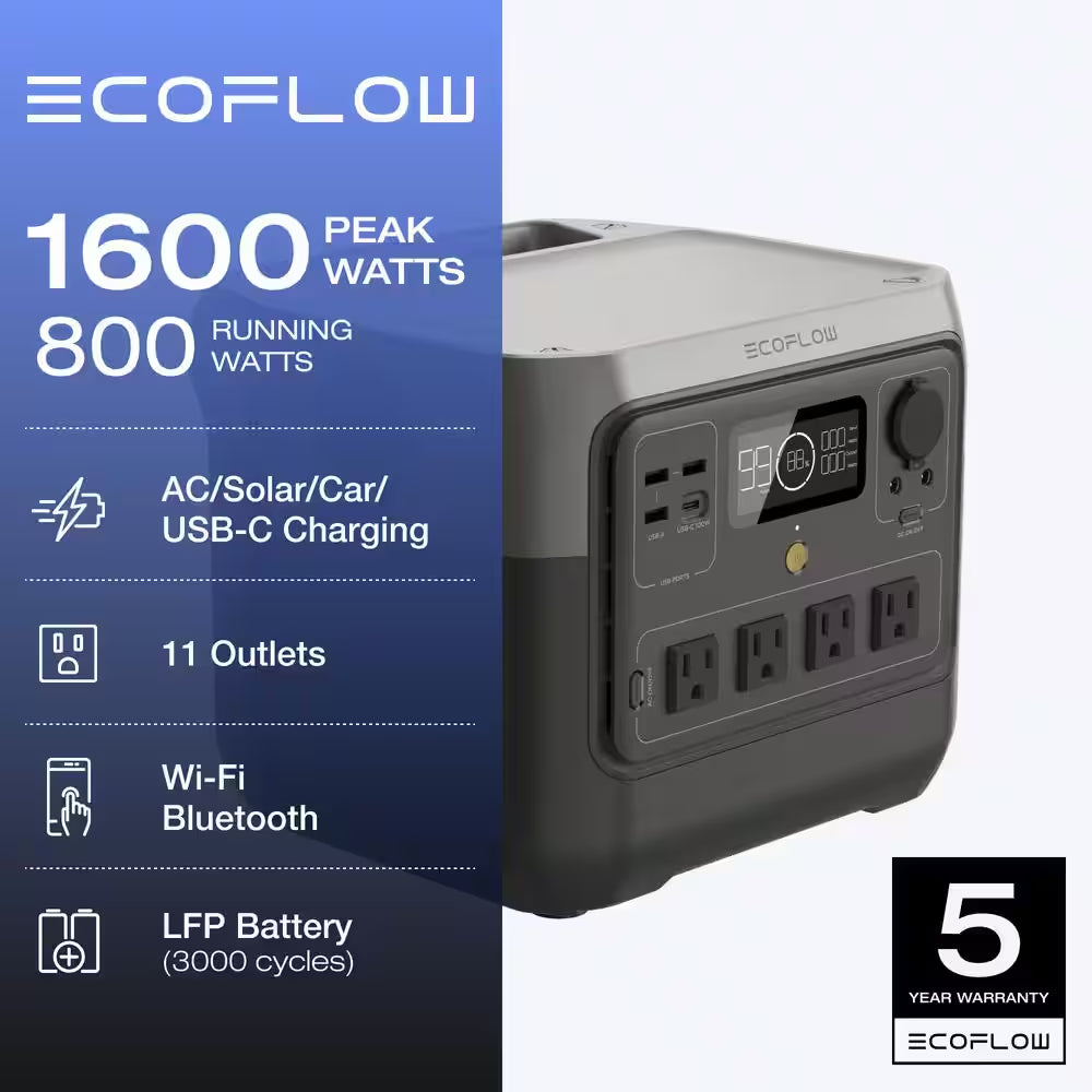 800W Output/1600W Peak Push-Button Start Battery Generator RIVER 2 Pro, LFP Battery, Fast Charging for Outdoor, Camping