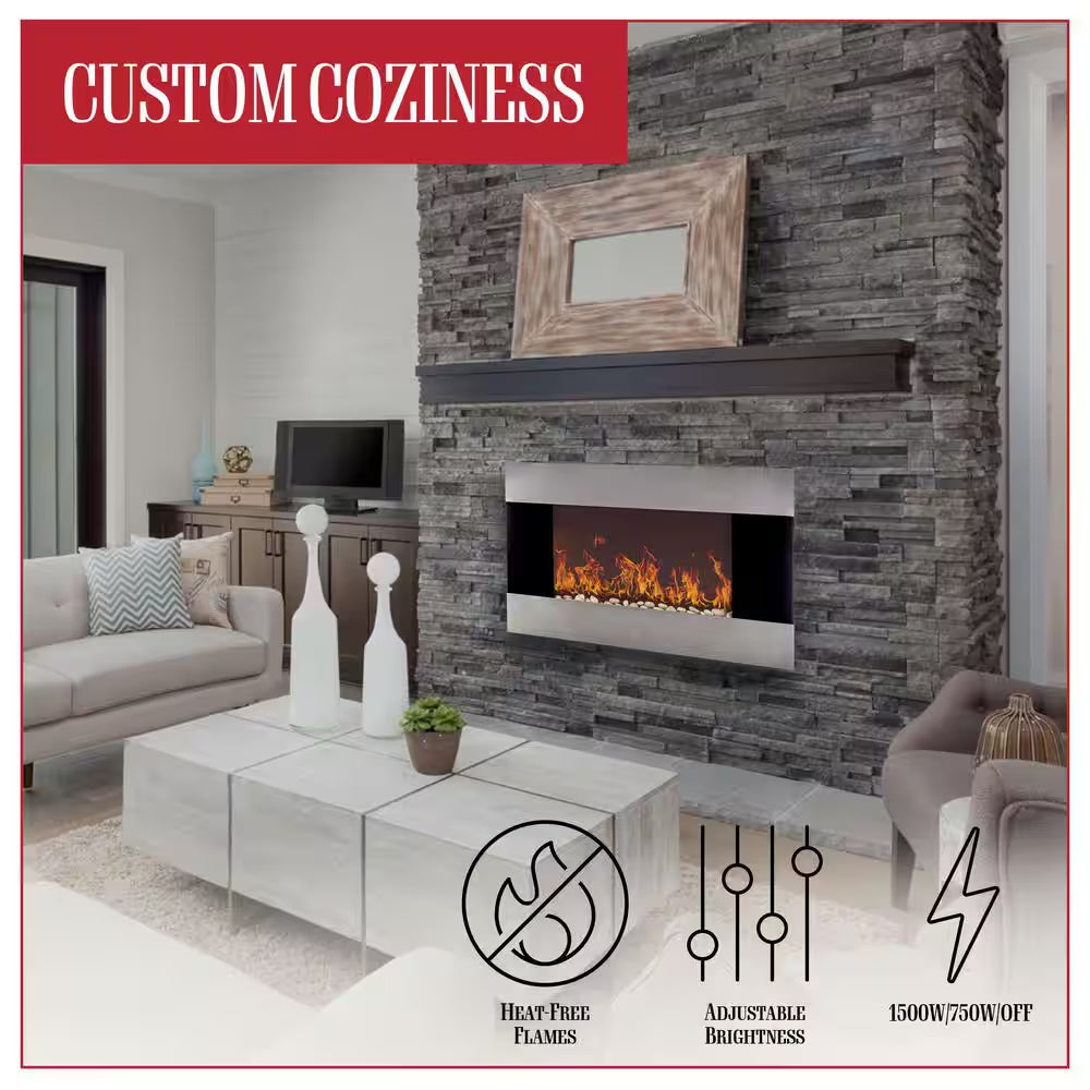 36 In. Stainless Steel Electric Fireplace with Wall Mount and Remote in Silver