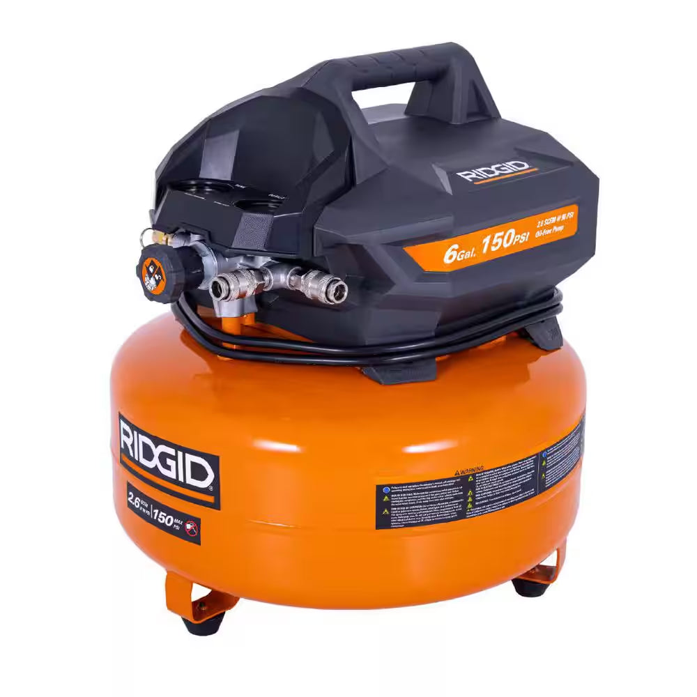 6 Gal. 150 PSI Portable Electric Oil-Free Jobsite Pancake Air Compressor with Dual Pressure Gauges and 2-Quick Couplers