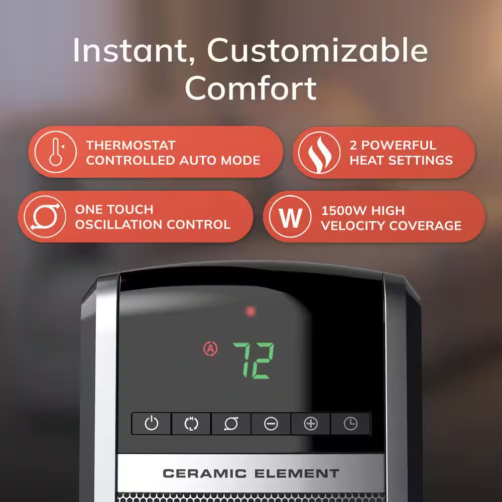 1500W 30 In. Black Indoor Electric Tower Forced Air Ceramic Space Heater with Thermostat, 2-Speeds, Timer, and Remote