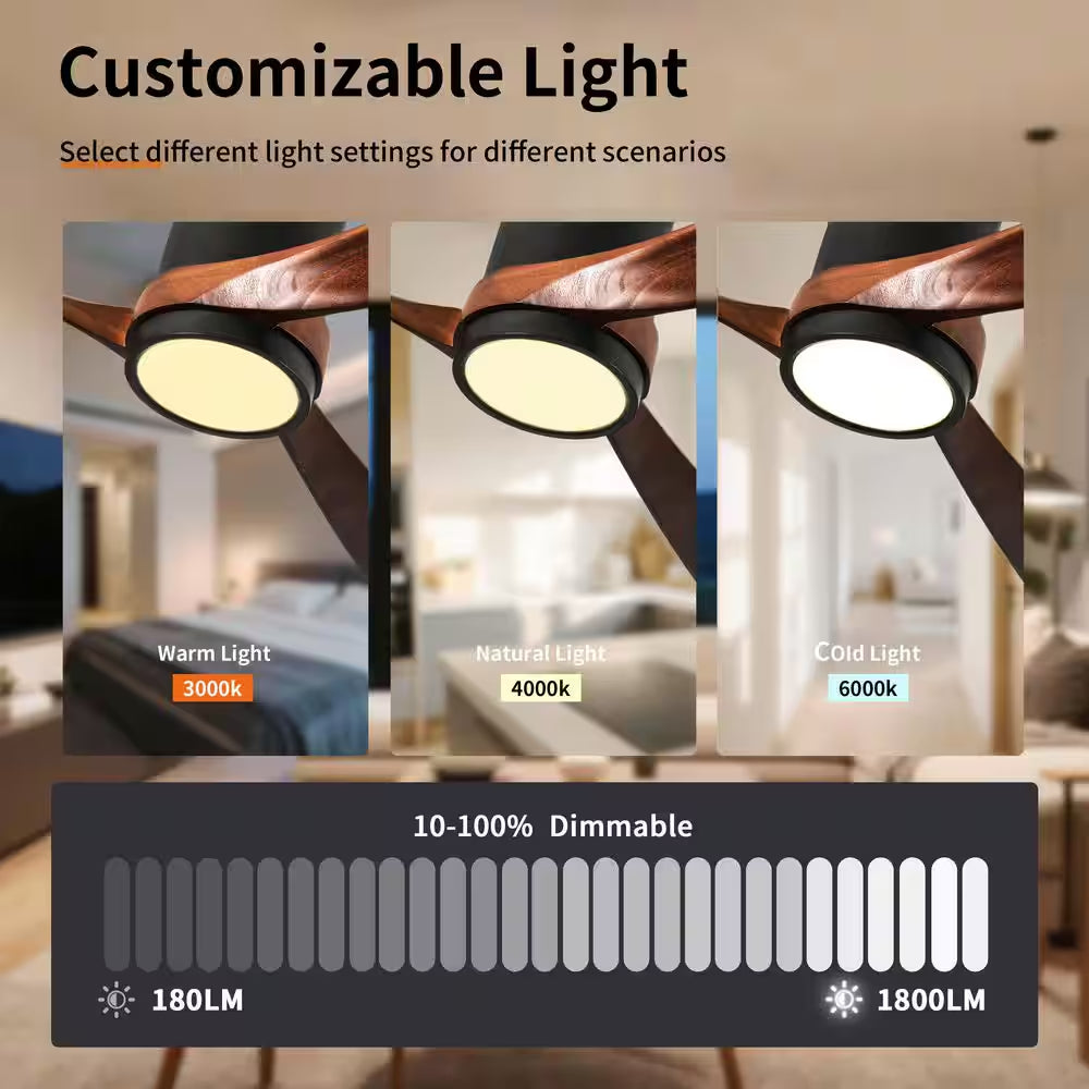 60 In. Indoor/Outdoor Black Modern Flush Mount LED Ceiling Fan with 3-Colors Dimmable and Remote APP Control