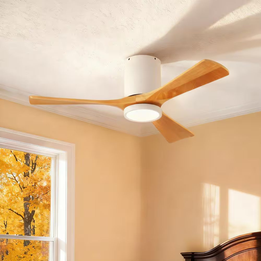 42 In. Smart White 6-Speed Solid Wood Brown Blade Flush Mount Ceiling Fan with 3-Color LED Light and APP, Remote Control
