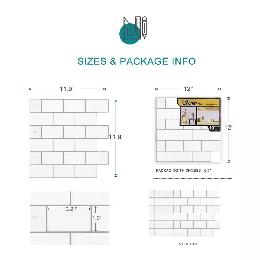 12 In. X 12 In. Peel and Stick Vinyl Subway Backsplash Tile in White (10-Pack)