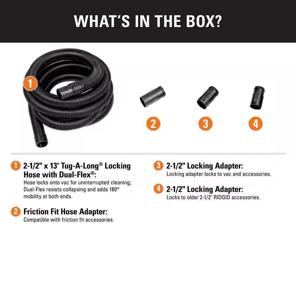 2-1/2 In. X 13 Ft. LA2521 DUAL-FLEX Locking Vacuum Hose Kit Accessory Shop Vacuum Attachment for  Wet Dry Vacs