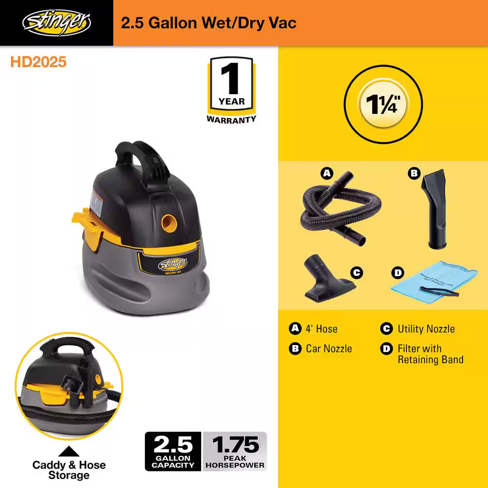 2.5 Gal. 1.75 Peak HP Small Shop Vacuum Wet Dry Vac with Filter Bag, Hose, Utility and Car Nozzle Attachments HD2025