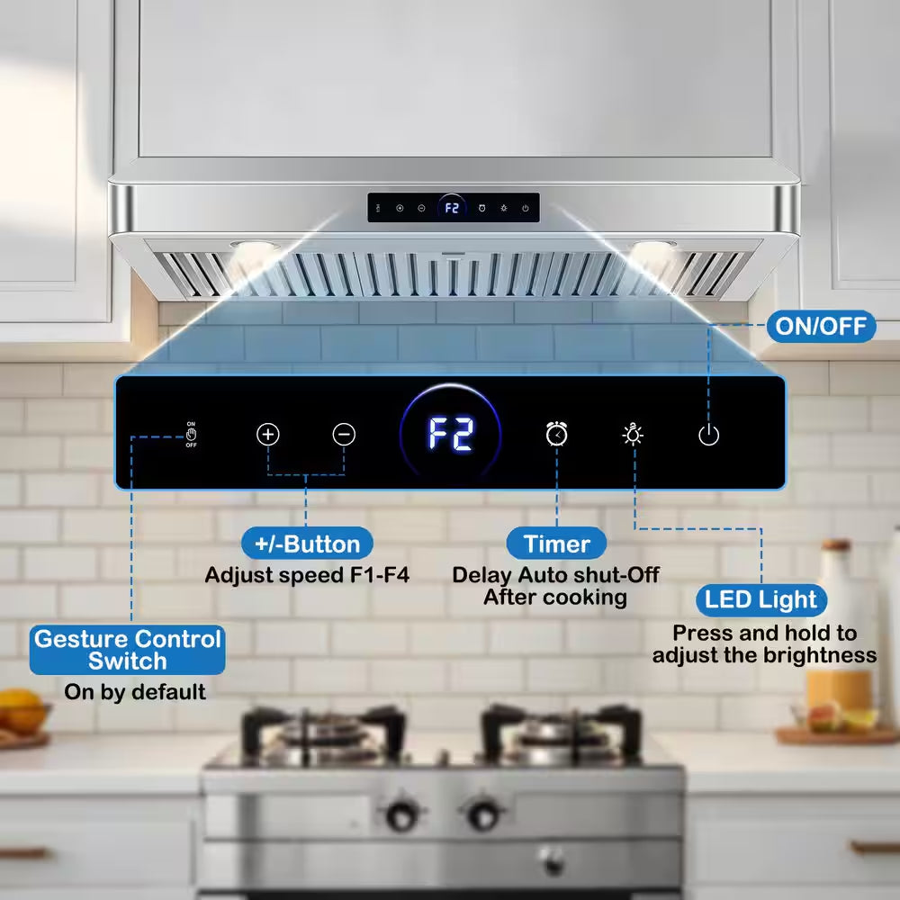 36 In. 1200 CFM Convertible under Cabinet Range Hood in Stainless Steel with 4-Speed Settings, Built-In Oil Cup