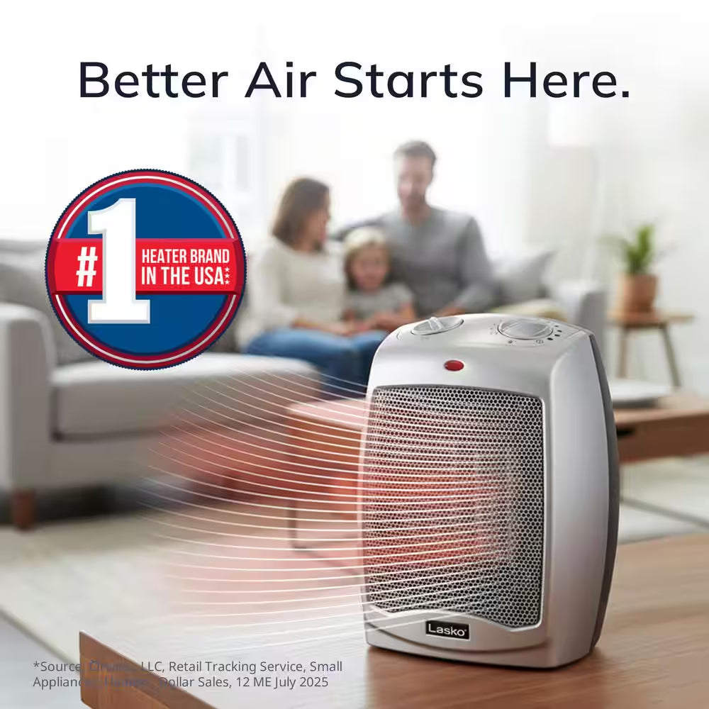 1500W 9.2 In. Gray Electric Tabletop Ceramic Space Heater with Adjustable Thermostat and Overheat Protection