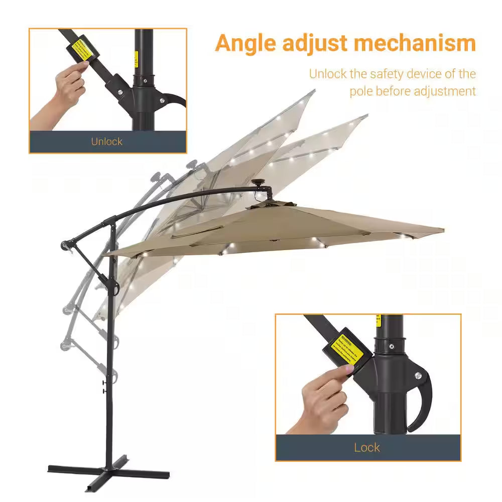10 Ft. Patio Offset Solar LED Umbrellas 50 plus UV Protection Cantilever outside Umbrellas, Taupe