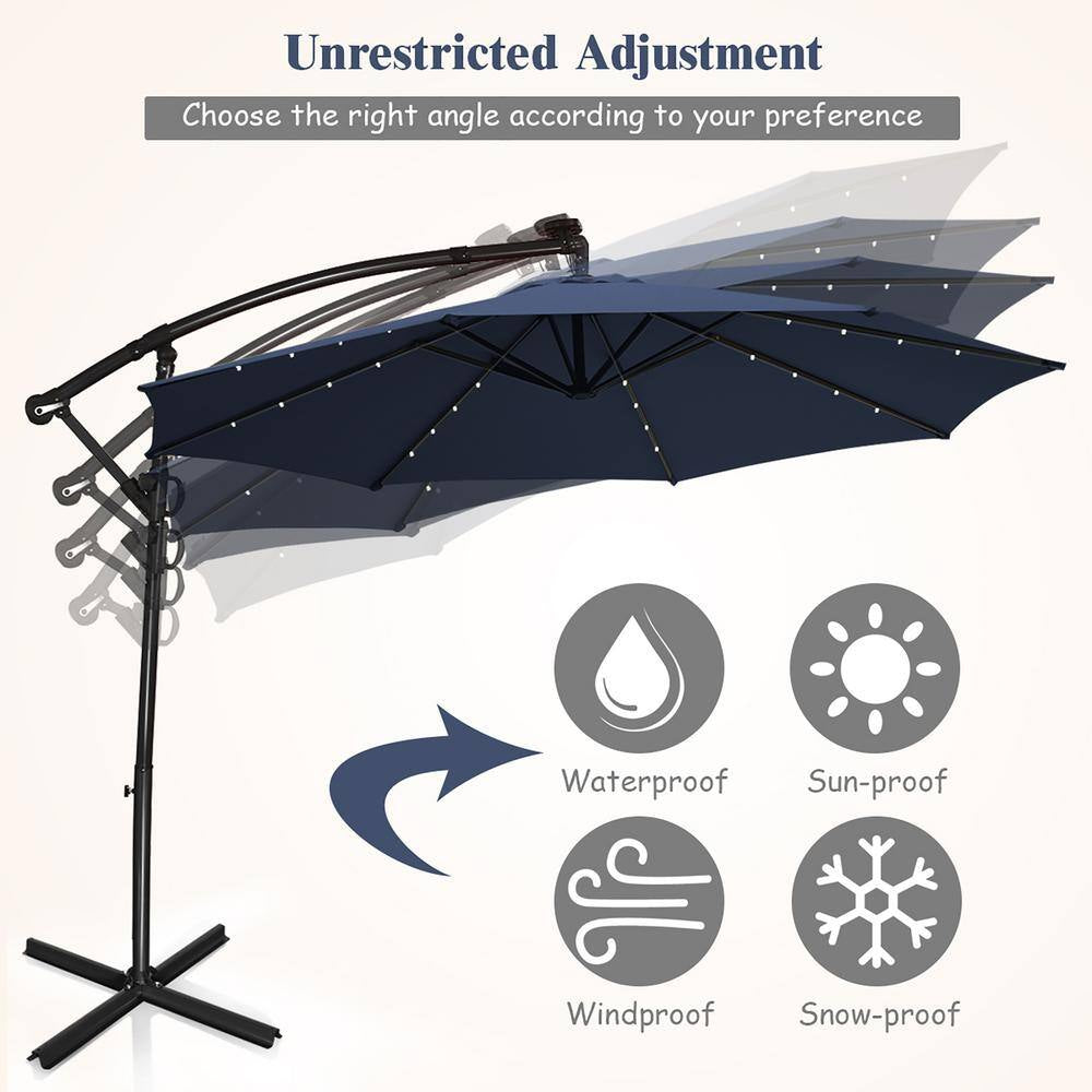 10 Ft. 360° Rotation Aluminum Offset Cantilever Solar Tilt Patio Umbrella LED Lights in Navy