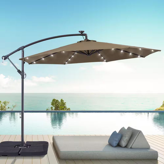 10 Ft. Patio Offset Solar LED Umbrellas 50 plus UV Protection Cantilever outside Umbrellas, Taupe