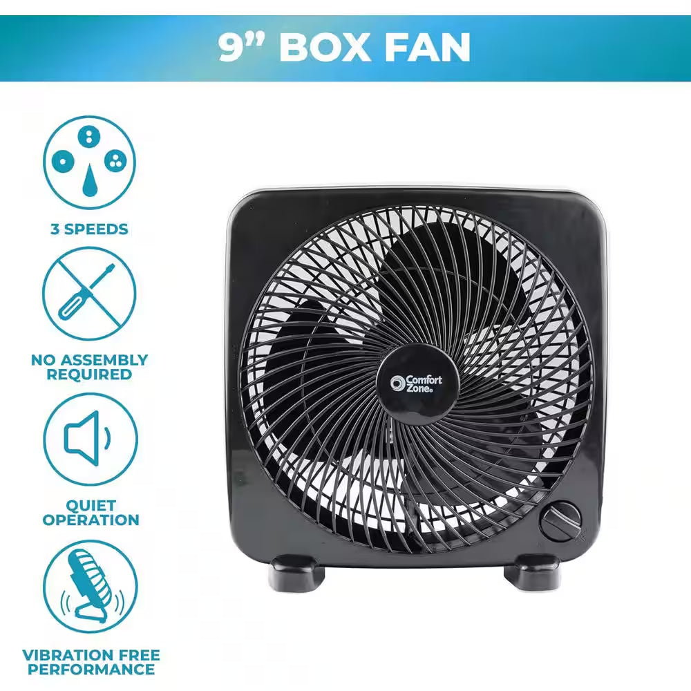 9 In. Black Box Fan with 3-Speed Front Control