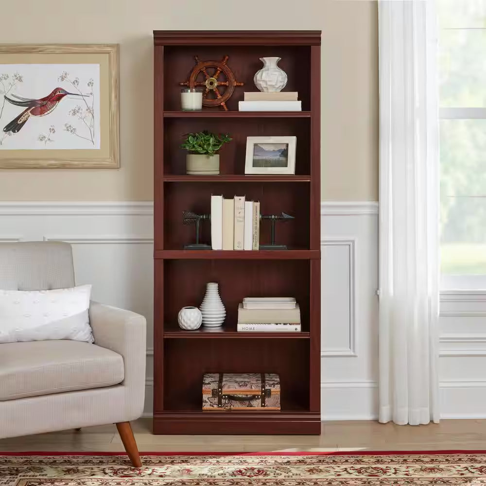 71 In. Dark Brown Wood 5-Shelf Classic Bookcase with Adjustable Shelves