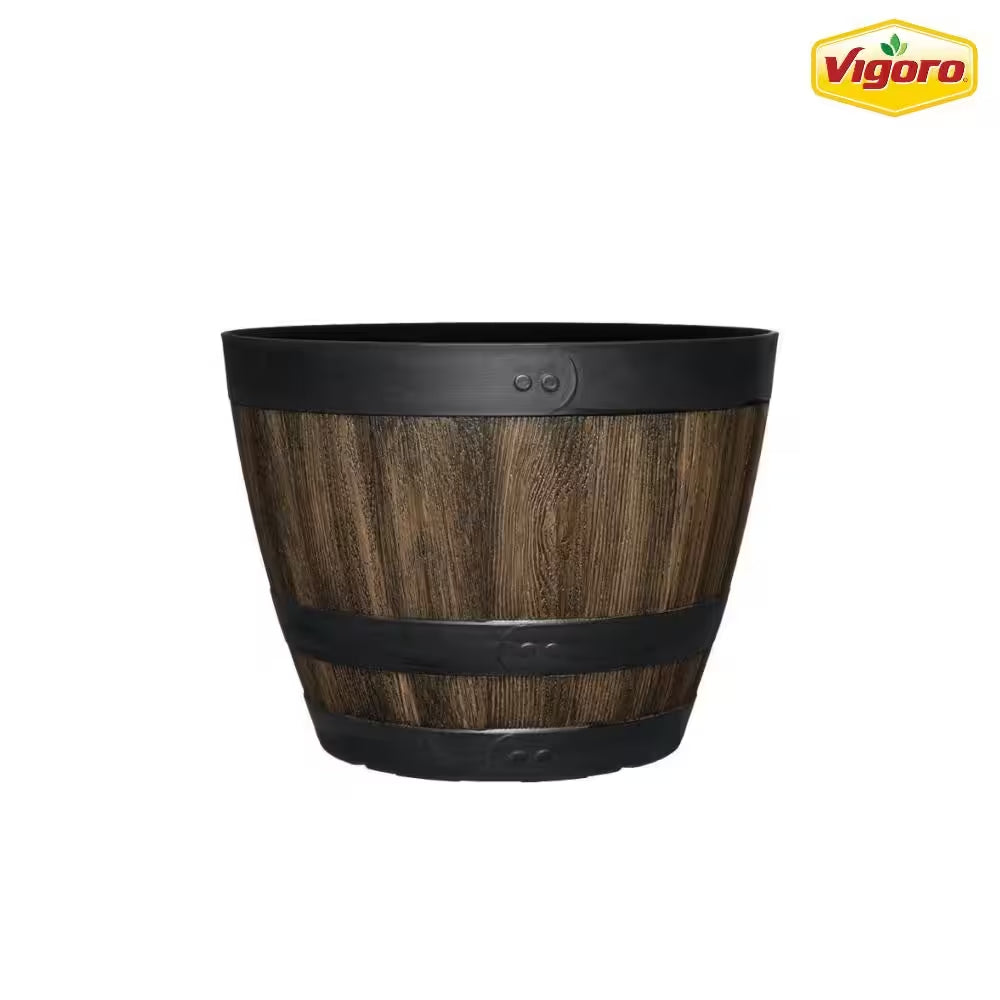 Reedley Medium Kentucky Walnut Brown Resin Wine Barrel Lightweight round Planter (12.8 In. L X 12.8 In. W X 10.5 In. H)
