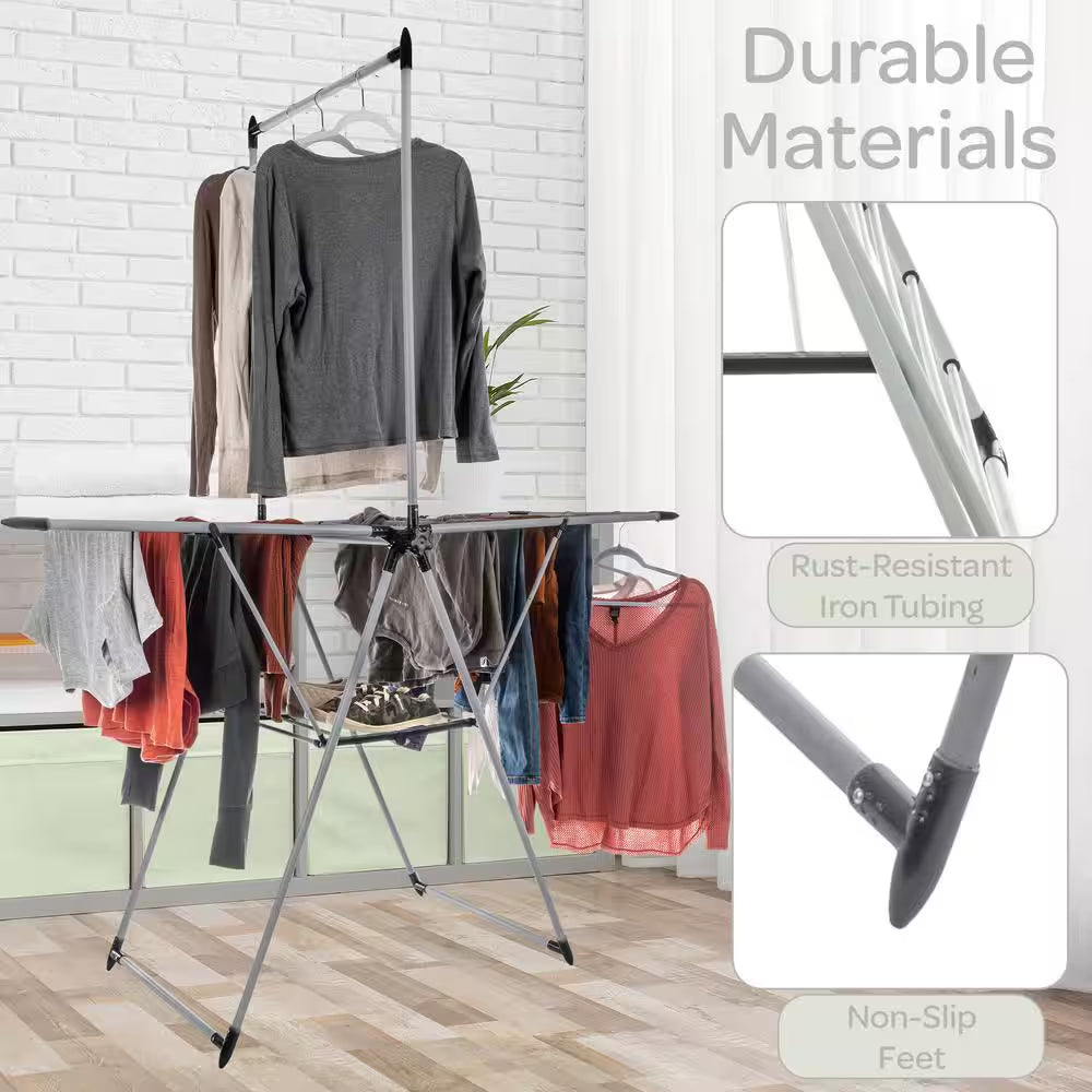 Clothes Drying Rack - 2-Level Laundry Drying Rack with 24 Drying Rails, Hanging Bar, and 2 Height-Adjustable Wings