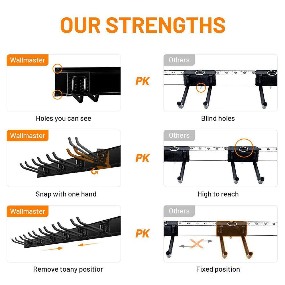 48 In. W X 4 In. H Wall-Mounted Heavy Duty Black Tool Rack Organizer with 6 Adjustable Hooks for Garage, Barn and Shed