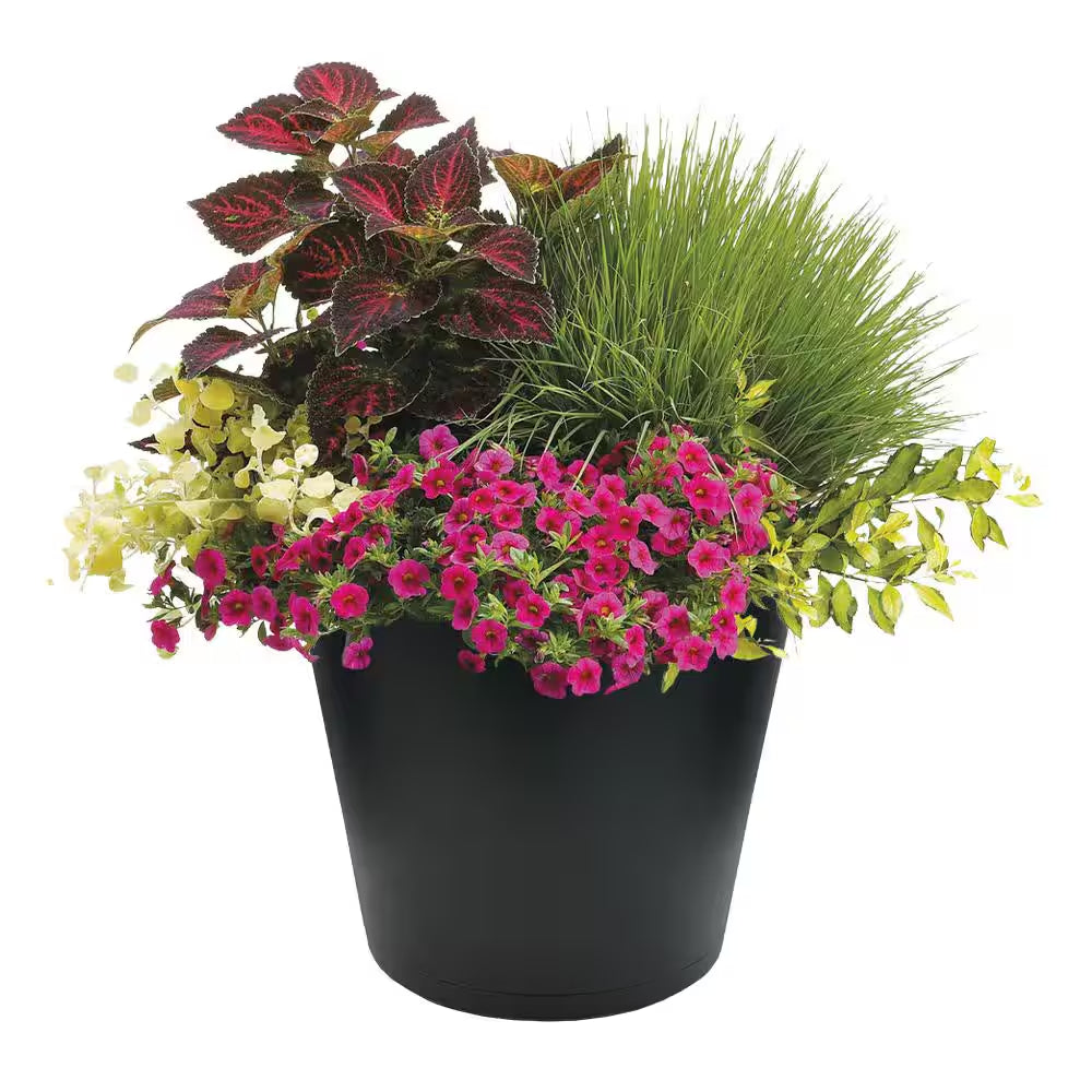 Kyra Large Black Plastic round Planter with Attached Saucer (20 In. L X 20 In. W X 17.32 In. H)