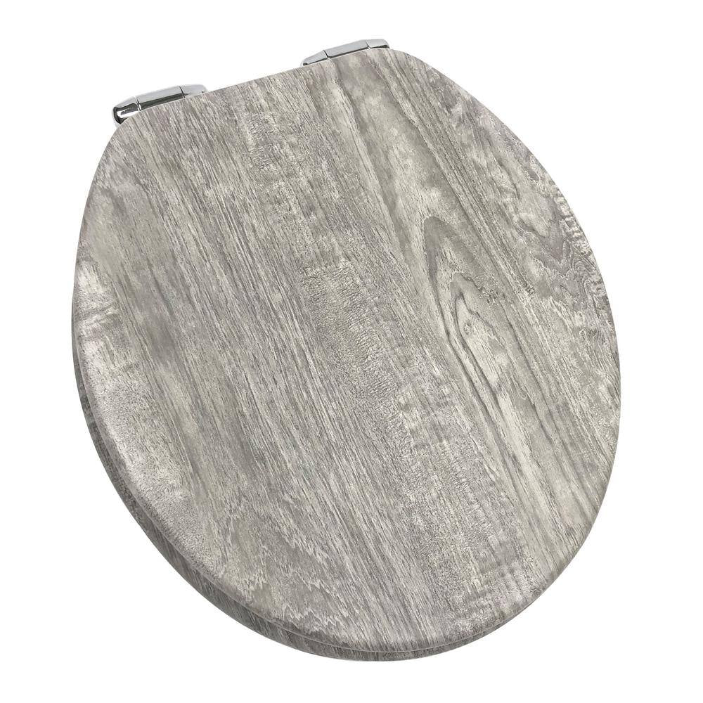 Round Distressed Wood Closed Front Toilet Seat in Gray