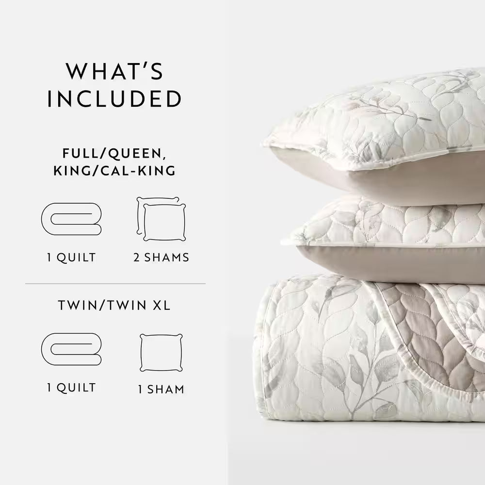 All Season 3-Pcs Latte Watercolor Leaves/Stripe Reversible Microfiber Quilt Set with Shams