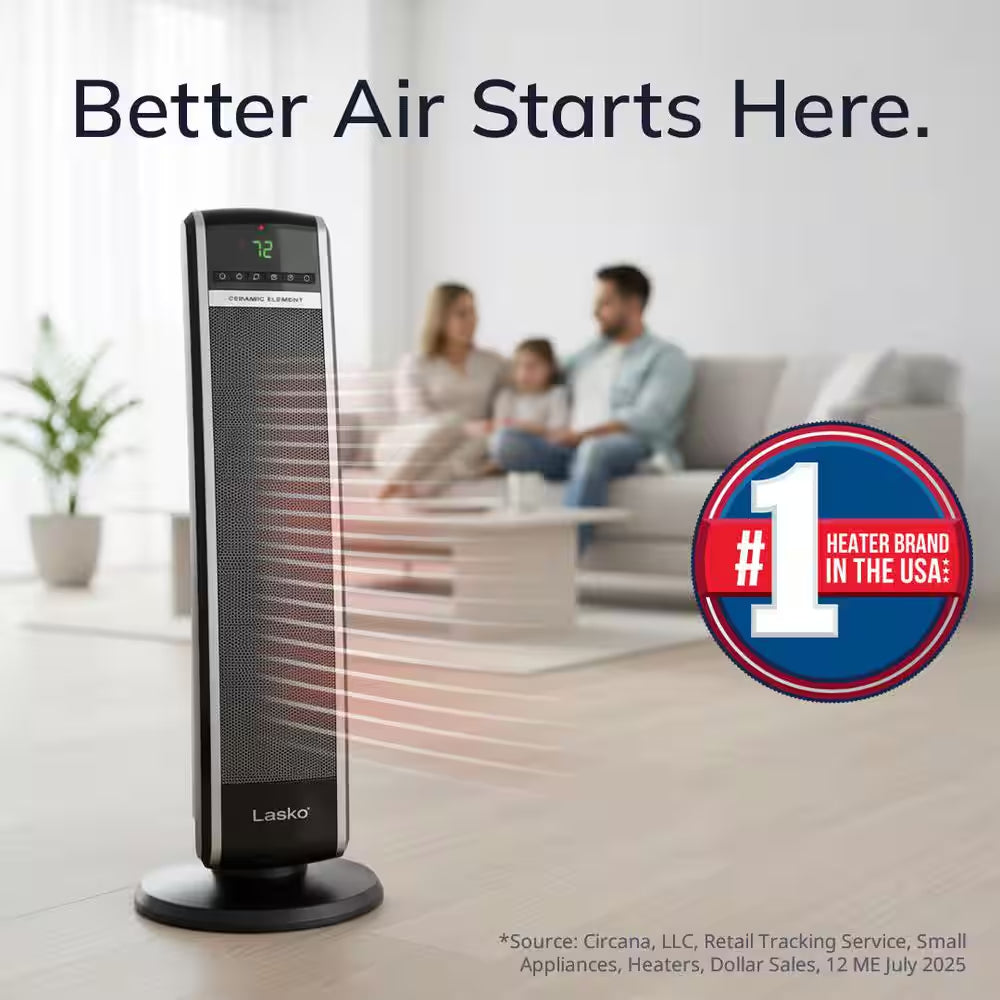 1500W 30 In. Black Indoor Electric Tower Forced Air Ceramic Space Heater with Thermostat, 2-Speeds, Timer, and Remote