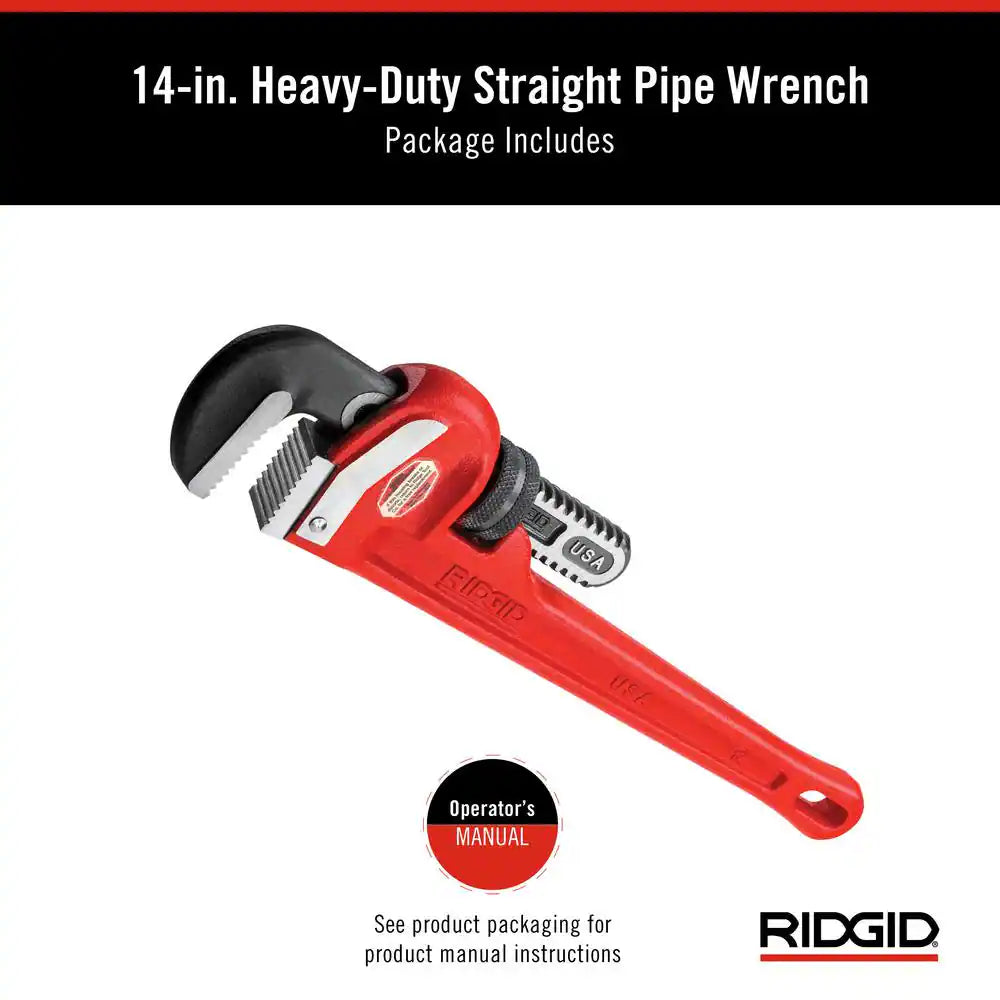 14 In. Straight Pipe Wrench for Heavy-Duty Plumbing, Sturdy Plumbing Pipe Tool with Self Cleaning Threads and Hook Jaws