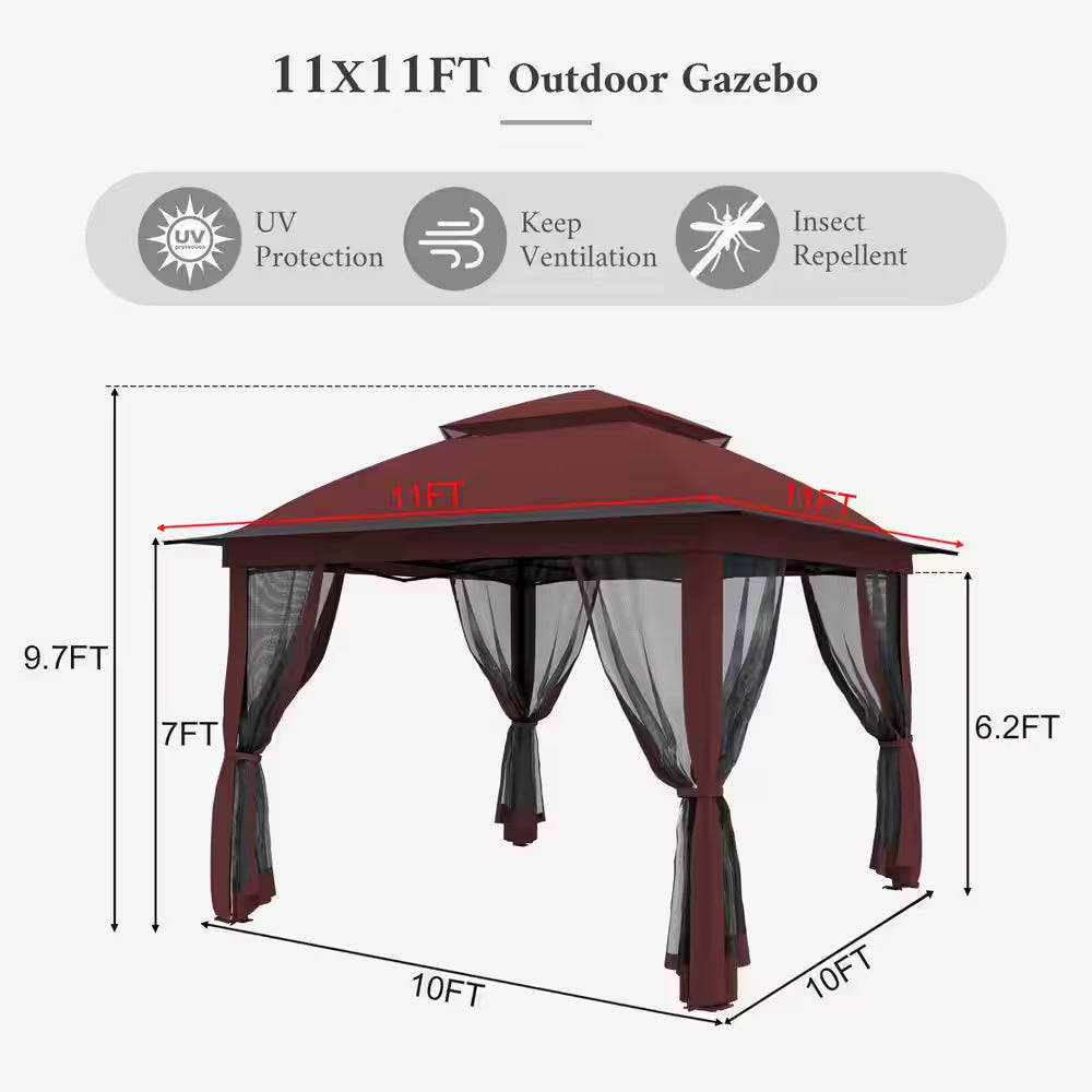 11 Ft. X 11 Ft. Pro Series Outdoor Instant Canopy Shelter Tent with Mosquito Netting Metal Frame Storage Bag, Red