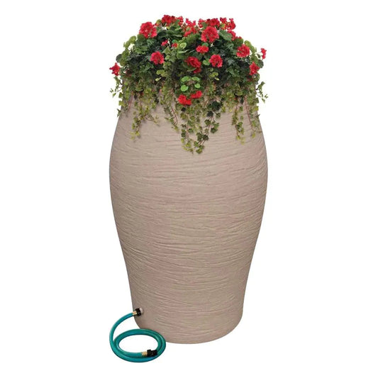 50 Gal. Sandstone Water Urn Flat-Back Rain Barrel with Integrated Planter and Diverter Kit