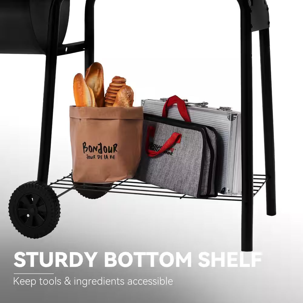 Charcoal Grill in Black with Offset Smoker and Side Table
