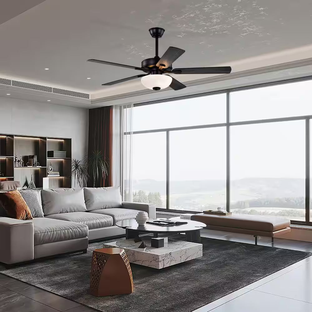 52 In. Matte Black 5-Blade Integrated LED 6-Speed Indoor Ceiling Fan with Light Kit and Remote Control
