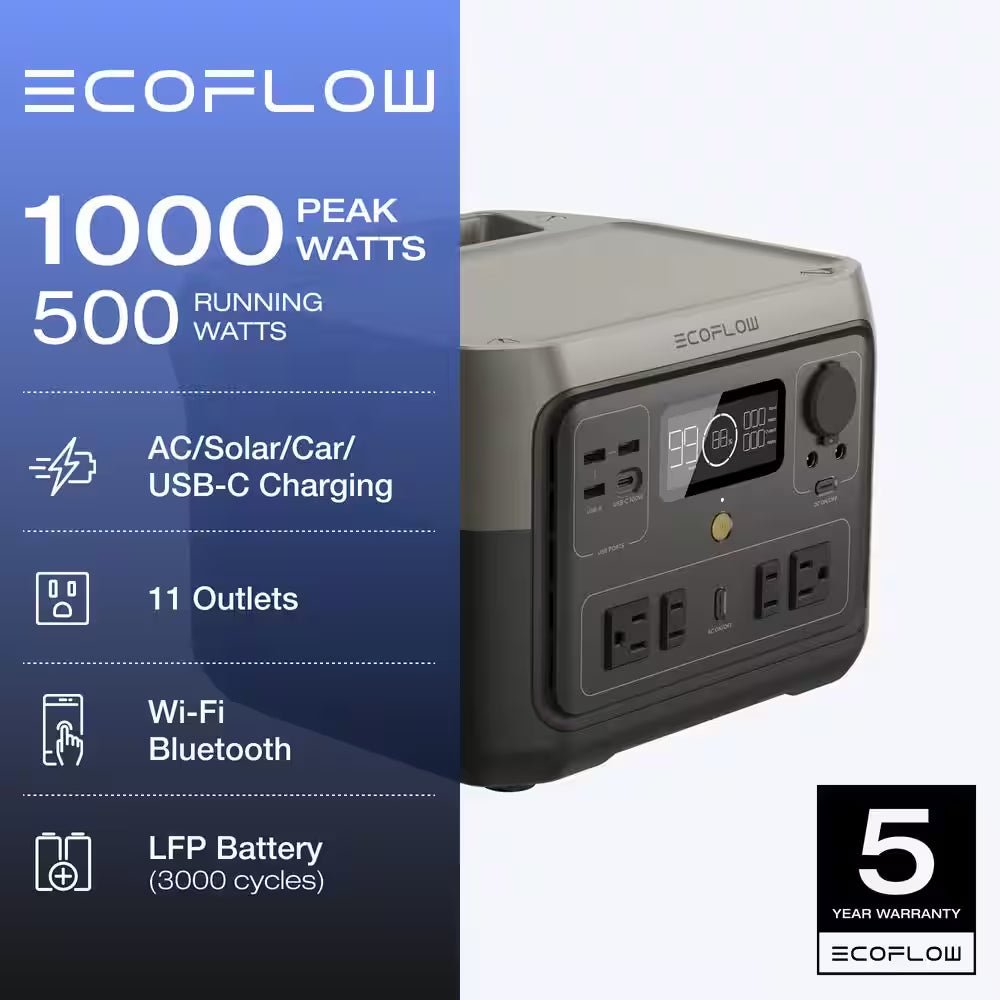 500W Output/1000W Peak Push-Button Start Battery Generator RIVER 2 Max, LFP Battery, Fast Charging for Outdoor, Camping