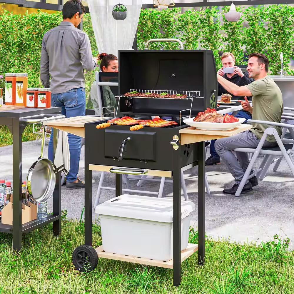 Charcoal Grill in Black with Adjustable Charcoal Pan, 3 Shelves, Thermometer, Wheels for Patio Backyard Party Picnic