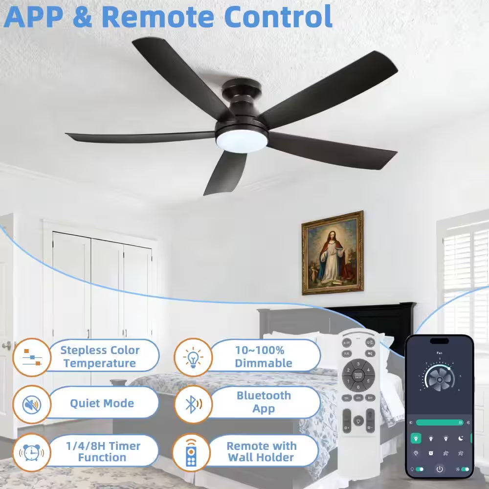 52 in Modern Black 6 Speeds Black Standard Flush Mount Ceiling Fan with 3- Color Dimmable LED Light, APP and Remote