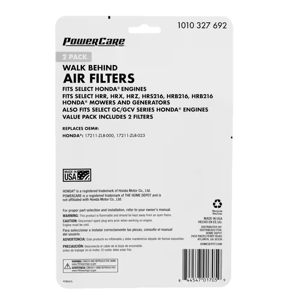 2-PK Air Filter for Honda Engines, Replaces OEM Number 17211-ZL8-000, 08171-ZL8-001, 17211-ZL8-023