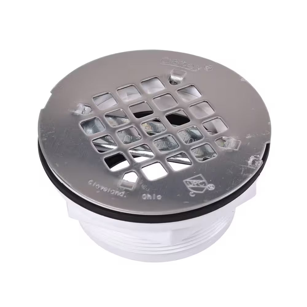 Round No-Caulk White PVC Shower Drain with 4-1/4 In. round Snap-In Stainless Steel Drain Cover