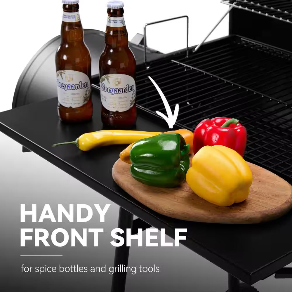 Charcoal Grill with Offset Smoker and Side Table in Black plus a Cover