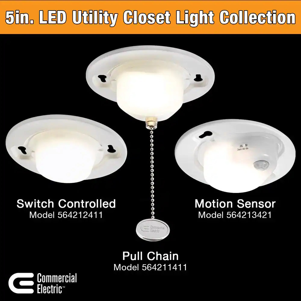 5 In. Closet Light with Pull Chain Utility Light Lampholder LED Flush Mount 650 Lumens 7W Bright White 4000K