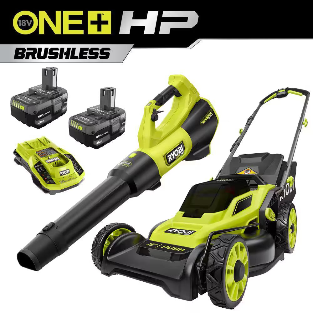ONE+ HP 18V Brushless 16 In. Cordless Battery Walk behind Push Lawn Mower & Blower W/ (2) 4.0 Ah Batteries & (1) Charger