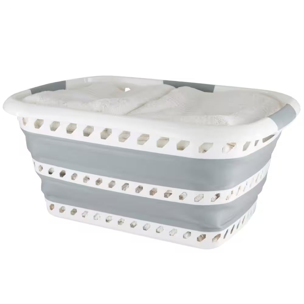 Collapsible Laundry Basket in White/Grey