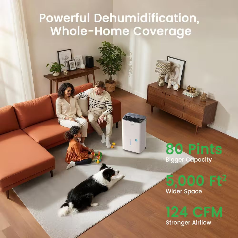 80 Pt. 5,000 Sq. Ft. Energy Star Portable Dehumidifier with Bucket and Drain Hose for Bedroom, Basement in White