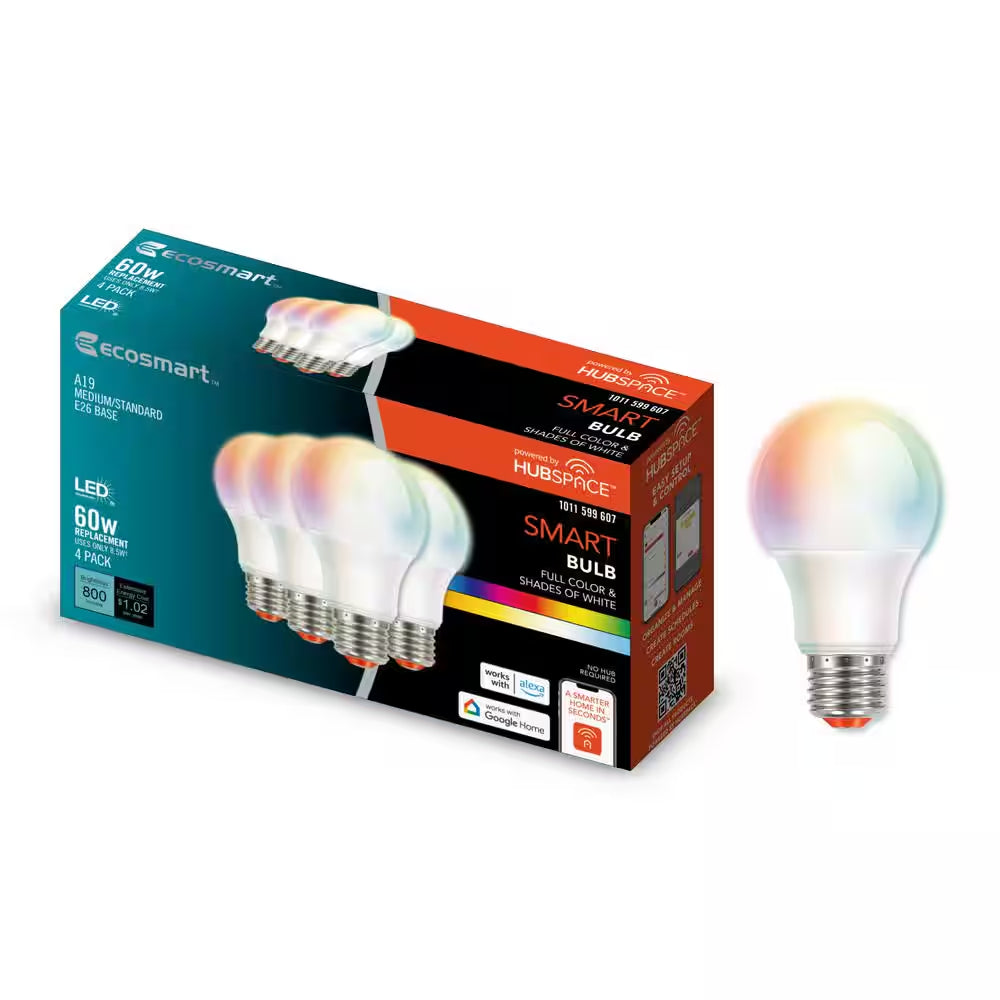 60-Watt Equivalent Smart A19 Color Changing CEC LED Light Bulb with Voice Control (4-Bulb) Powered by Hubspace