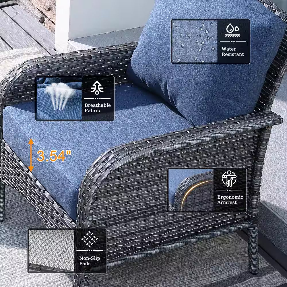 Denali Gray 4-Piece 4-Seat Wicker Modern Outdoor Patio Conversation Sofa Seating Set with Denim Blue Cushions