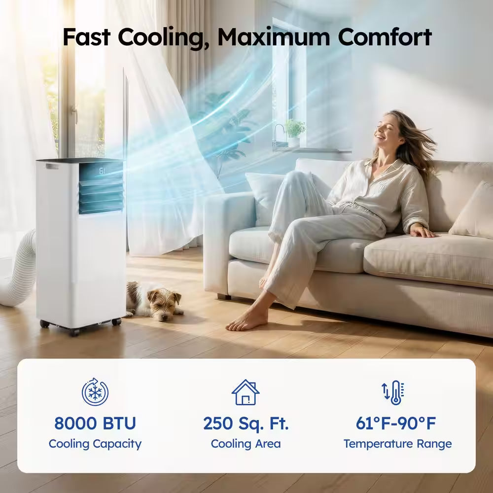 8000 BTU Portable Air Conditioner 250 Sq. Ft. with Dehumidifier and Fan in White, Wifi and Remote Control