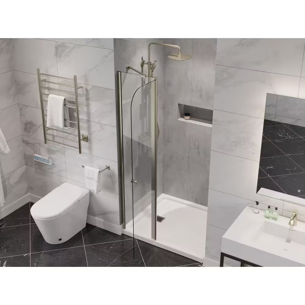 Romance Series 33.3 In. X 72 In. H Hinged Frameless Shower Door in Brushed Nickel with Tsunami Guard Tempered Glass