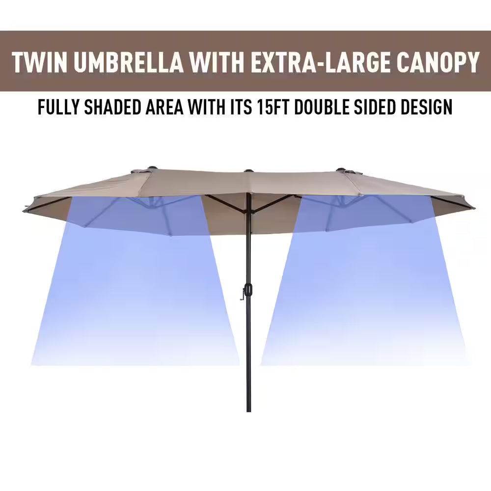 15 Ft. Steel Rectangular Outdoor Double Sided Market Patio Umbrella with UV Sun Protection & Easy Crank in Tan
