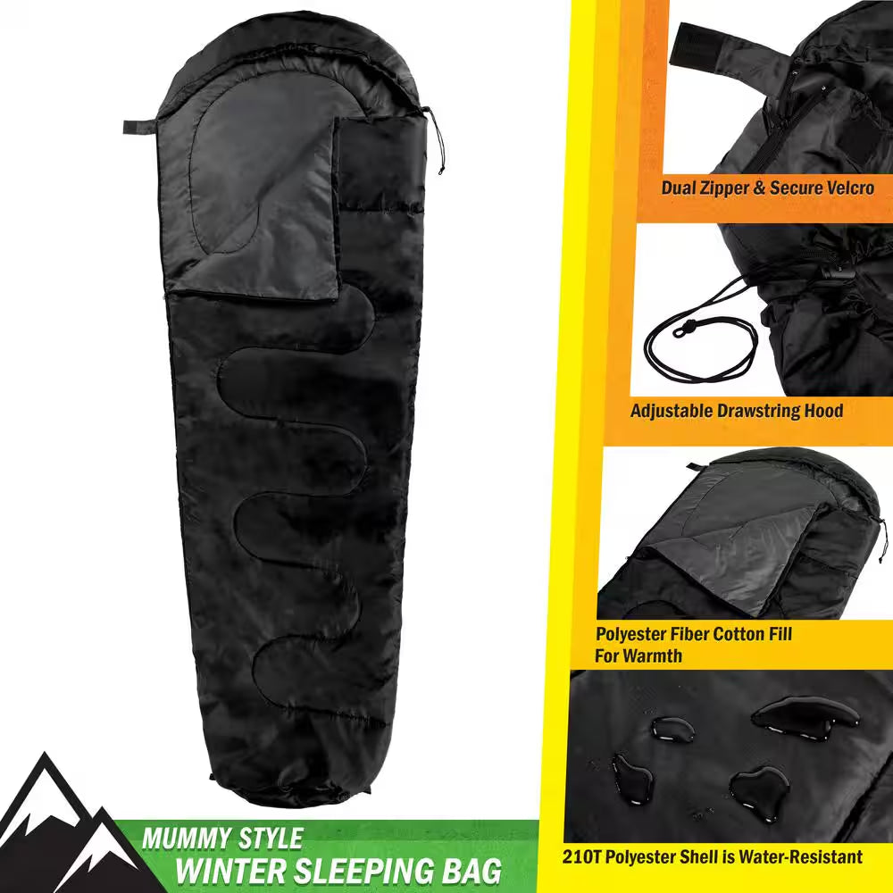 Mummy Sleeping Bag 83 In. L X 28 In. W, Water-Resistant Adult Cold Weather Sleeping Bag Rated to 10°F (Black)