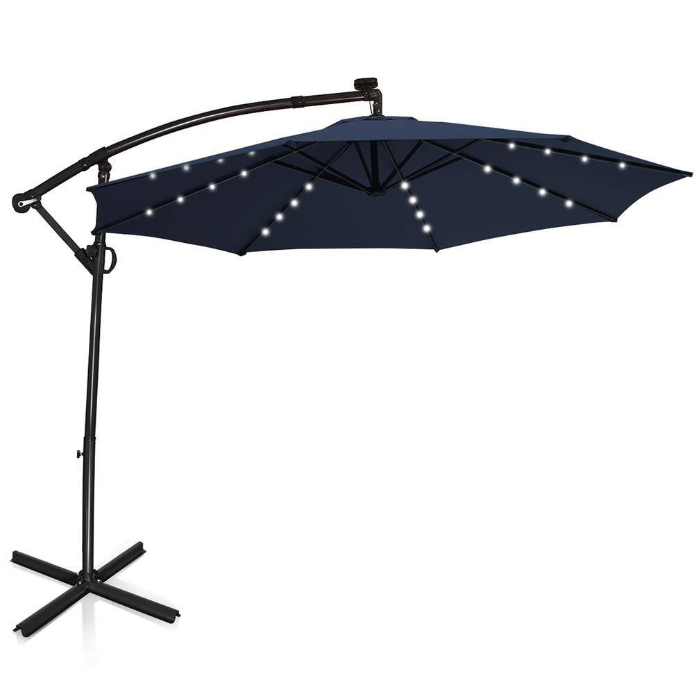 10 Ft. 360° Rotation Aluminum Offset Cantilever Solar Tilt Patio Umbrella LED Lights in Navy