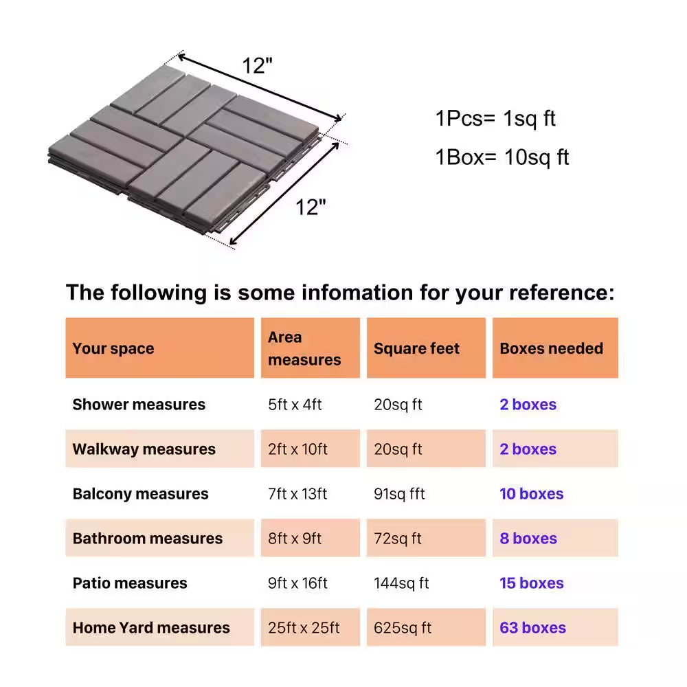 12 In. X 12 In. Wood Interlocking Flooring Tiles Indoor Outdoor Patio Garden Deck Poolside Balcony, 10-Pack, Gray