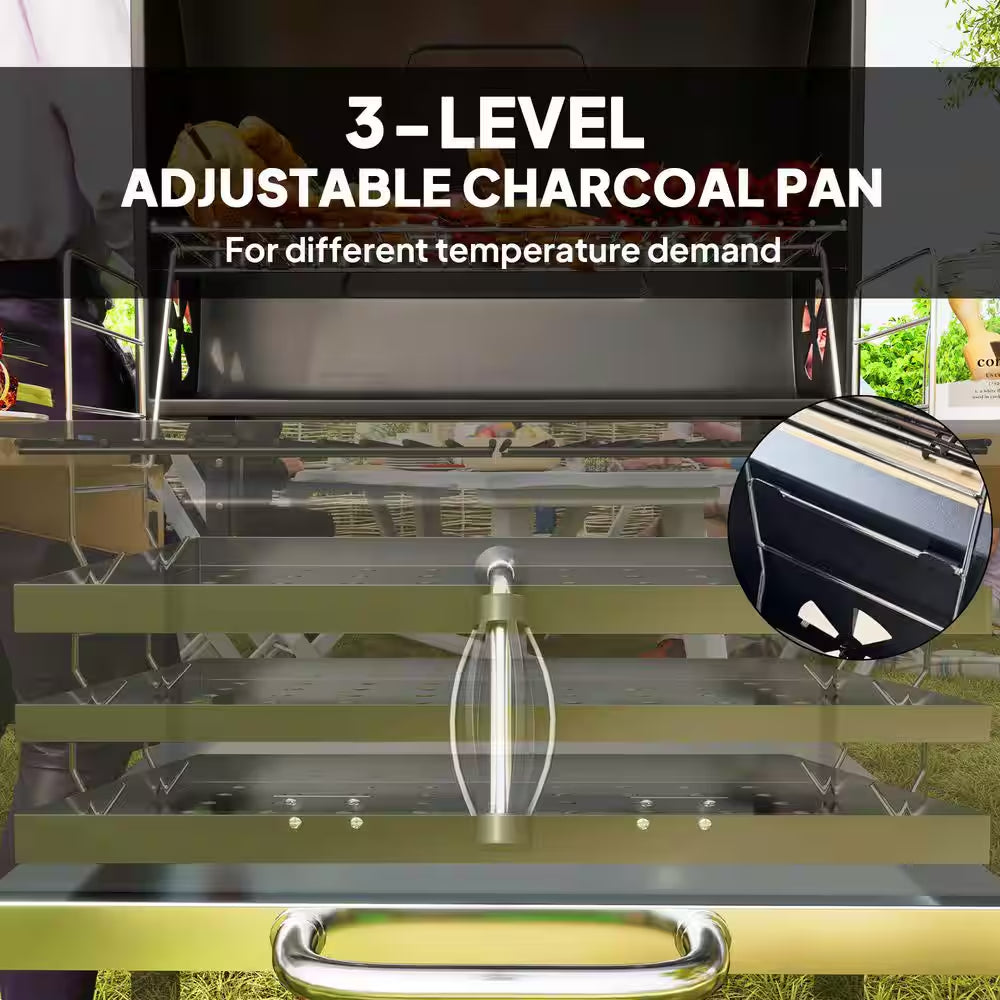 Charcoal Grill in Black with Adjustable Charcoal Pan, 3 Shelves, Thermometer, Wheels for Patio Backyard Party Picnic