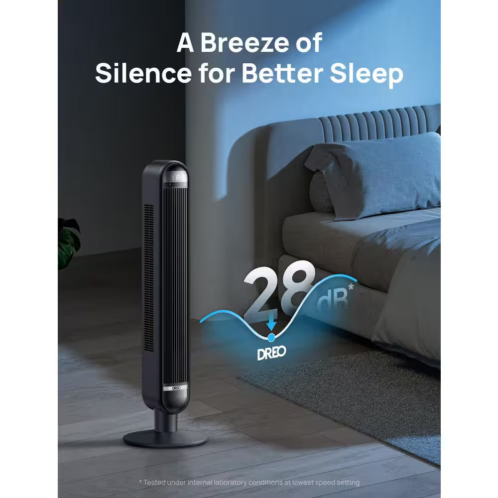 Essential 42 In. 6 Fan Speeds Tower Fan in Black with Remote, 90° Oscillation and 12-Hour Timer